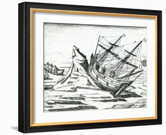 Sailing Ship Stranded on Iceberg from 'India Orientalis' 1598-Theodore de Bry-Framed Giclee Print