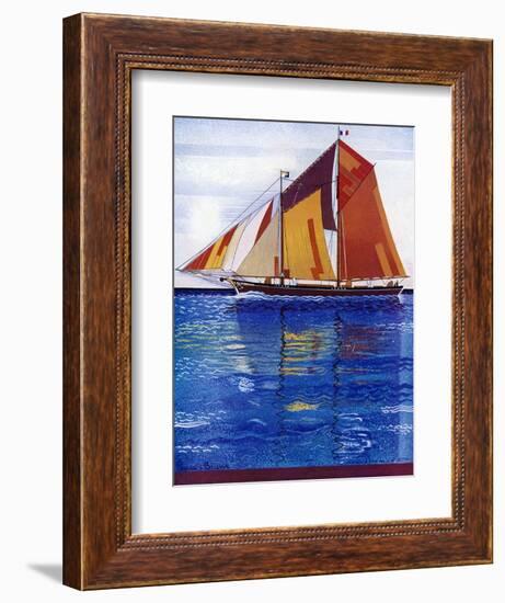 Sailing Ship with Coloured Sails in a Very Blue Sea-null-Framed Premium Giclee Print