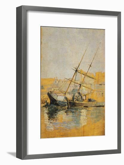 Sailing Ship with Wheel at Dock, 1900-1910-null-Framed Giclee Print