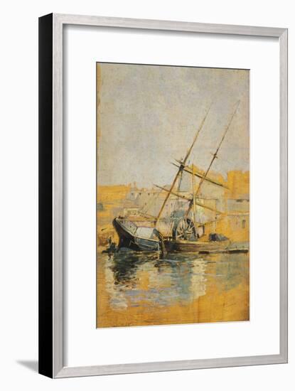 Sailing Ship with Wheel at Dock, 1900-1910-null-Framed Giclee Print