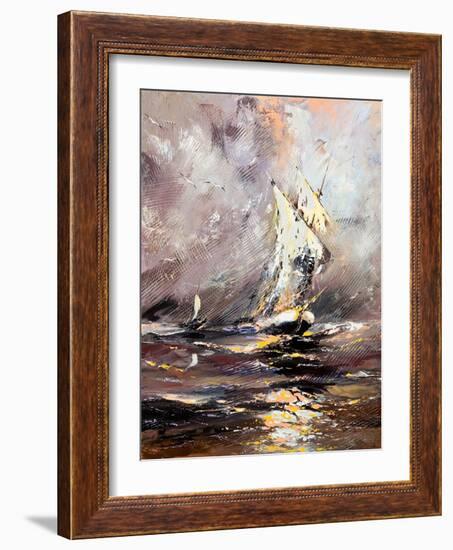 Sailing Vessel In A Stormy Sea-balaikin2009-Framed Art Print