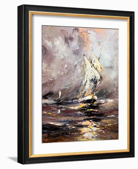 Sailing Vessel In A Stormy Sea-balaikin2009-Framed Art Print