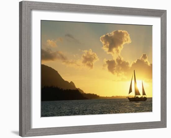 Sailing Yacht at Sunset off Coast of Hanalai Bay, Kauai, Hawaii, USA-Rolf Nussbaumer-Framed Photographic Print