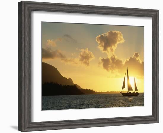 Sailing Yacht at Sunset off Coast of Hanalai Bay, Kauai, Hawaii, USA-Rolf Nussbaumer-Framed Photographic Print