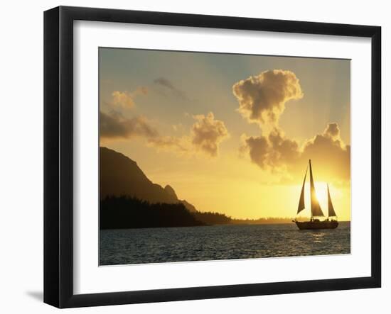 Sailing Yacht at Sunset off Coast of Hanalai Bay, Kauai, Hawaii, USA-Rolf Nussbaumer-Framed Photographic Print