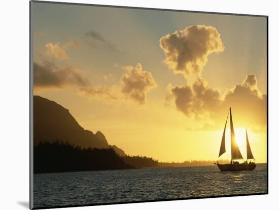 Sailing Yacht at Sunset off Coast of Hanalai Bay, Kauai, Hawaii, USA-Rolf Nussbaumer-Mounted Photographic Print