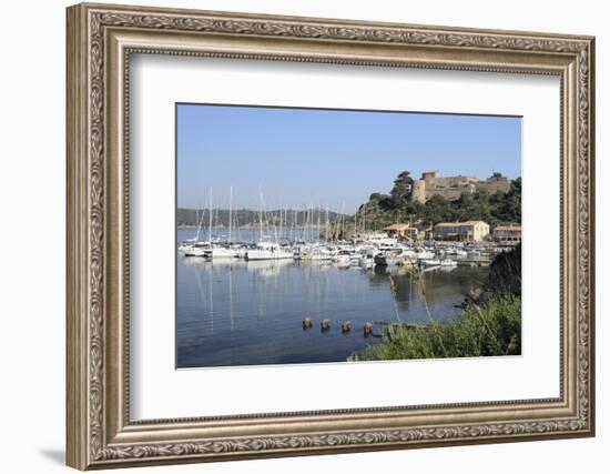 Sailing Yachts and Other Boats Moored at Port Cros Island in Front of Fort De L'Eminence Castle-Nick Upton-Framed Photographic Print