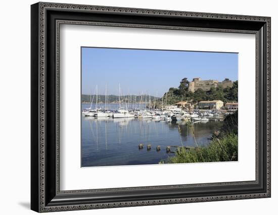 Sailing Yachts and Other Boats Moored at Port Cros Island in Front of Fort De L'Eminence Castle-Nick Upton-Framed Photographic Print