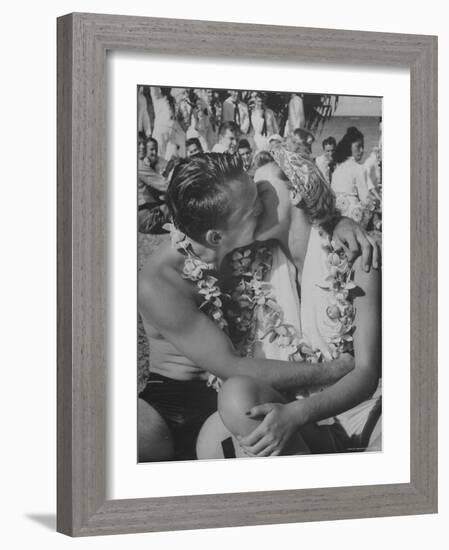 Sailor Kissing Girl During Luau For Navy Personnel on Leave-Eliot Elisofon-Framed Photographic Print