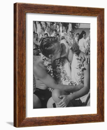 Sailor Kissing Girl During Luau For Navy Personnel on Leave-Eliot Elisofon-Framed Photographic Print