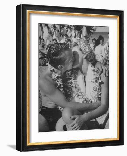 Sailor Kissing Girl During Luau For Navy Personnel on Leave-Eliot Elisofon-Framed Photographic Print