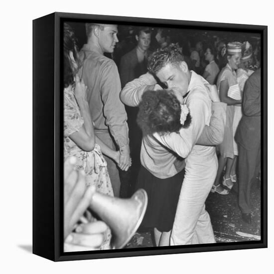 Sailor Kissing Pretty Girl amidst Jubilant Crowd in Celebration Regarding the End of WWII-Gordon Coster-Framed Premier Image Canvas