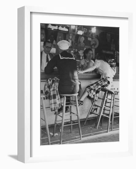 Sailor on Shore Leave Sitting at a Soda Fountain with Young Woman-Peter Stackpole-Framed Photographic Print