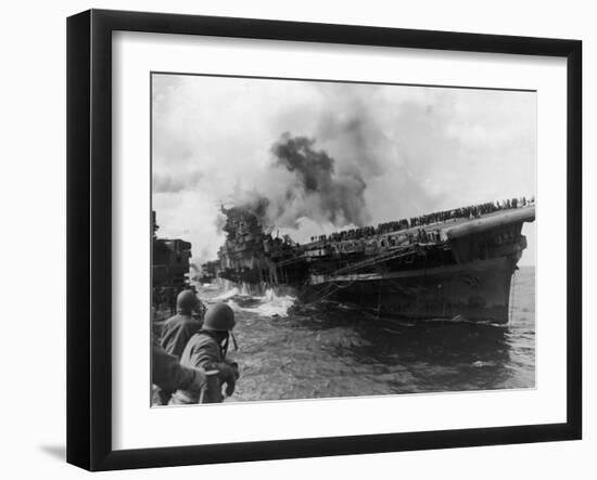 Sailors from USS Santa Fe Looking at the USS Franklin Burning Badly from 2,500 lb Japanese Bombs-null-Framed Photographic Print