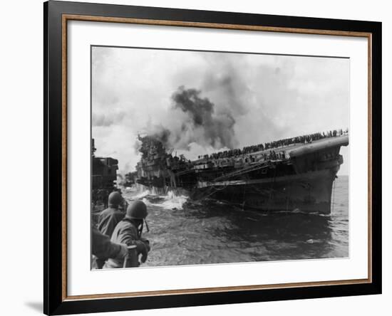 Sailors from USS Santa Fe Looking at the USS Franklin Burning Badly from 2,500 lb Japanese Bombs-null-Framed Photographic Print