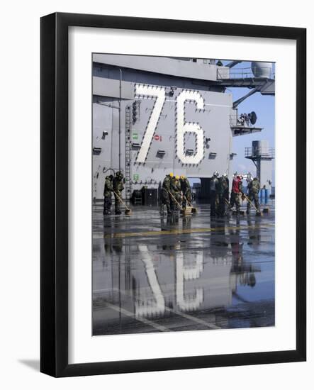 Sailors Scrub the Flight Deck Aboard the Aircraft Carrier USS Ronald Reagan-Stocktrek Images-Framed Photographic Print