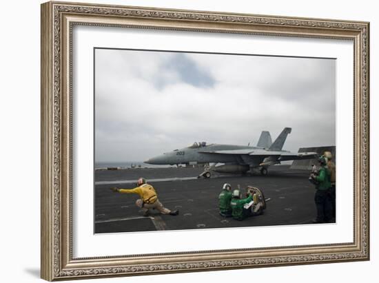 Sailors Signal to Launch an F-A-18E Super Hornet-null-Framed Photographic Print