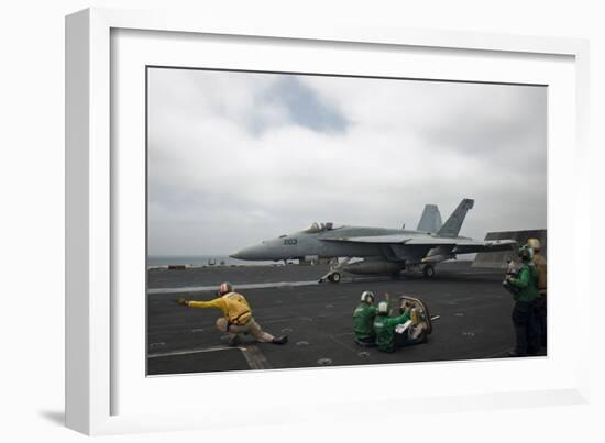 Sailors Signal to Launch an F-A-18E Super Hornet-null-Framed Photographic Print