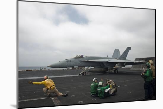 Sailors Signal to Launch an F-A-18E Super Hornet-null-Mounted Photographic Print