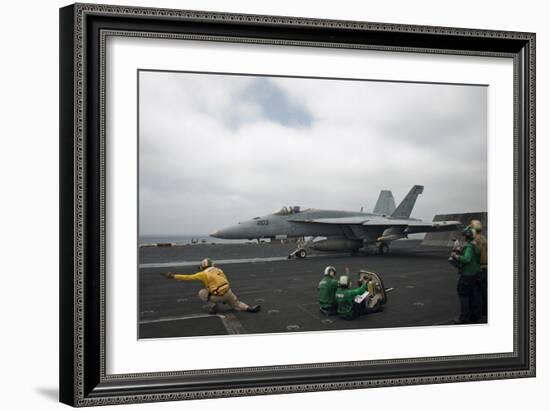 Sailors Signal to Launch an F-A-18E Super Hornet-null-Framed Photographic Print