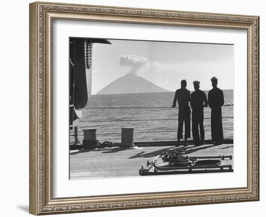 Sailors Watching Smoke Coming Out of the Top of Mt. Stromboli-Tony Linck-Framed Photographic Print