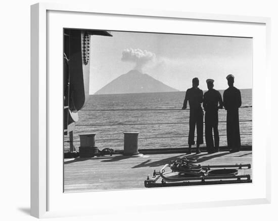 Sailors Watching Smoke Coming Out of the Top of Mt. Stromboli-Tony Linck-Framed Photographic Print