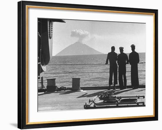 Sailors Watching Smoke Coming Out of the Top of Mt. Stromboli-Tony Linck-Framed Photographic Print