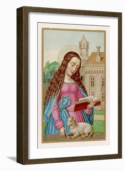 Saint Agnes Reading a Book While a Very Small Lamb Rests Beside Her-null-Framed Art Print