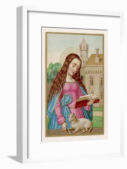 Saint Agnes Reading a Book While a Very Small Lamb Rests Beside Her-null-Framed Art Print