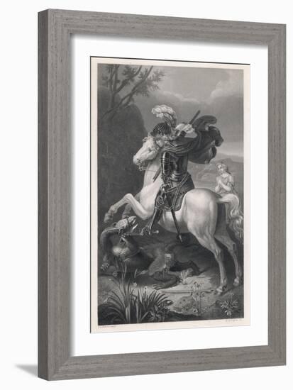 Saint George Slays the Dragon While a Damsel Watches Safely out of Harms Way-Harry Payne-Framed Art Print