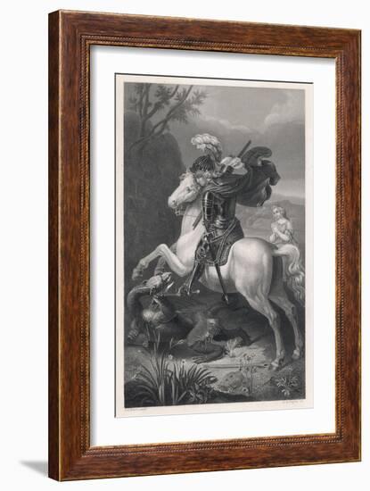 Saint George Slays the Dragon While a Damsel Watches Safely out of Harms Way-Harry Payne-Framed Art Print