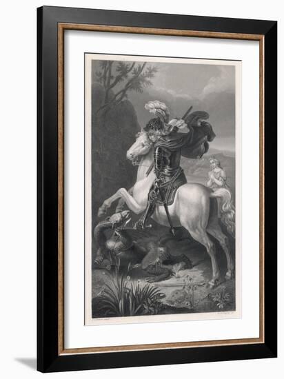 Saint George Slays the Dragon While a Damsel Watches Safely out of Harms Way-Harry Payne-Framed Art Print