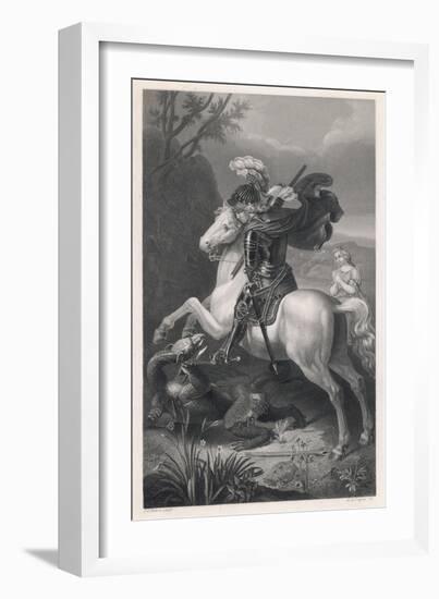 Saint George Slays the Dragon While a Damsel Watches Safely out of Harms Way-Harry Payne-Framed Art Print