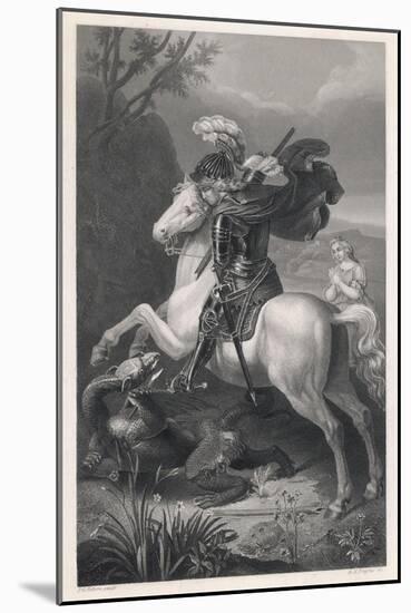 Saint George Slays the Dragon While a Damsel Watches Safely out of Harms Way-Harry Payne-Mounted Art Print