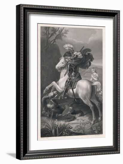 Saint George Slays the Dragon While a Damsel Watches Safely out of Harms Way-Harry Payne-Framed Art Print