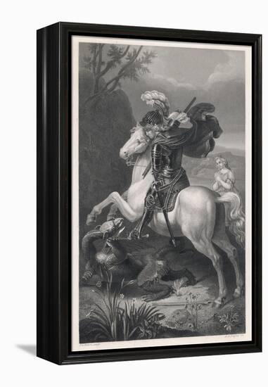 Saint George Slays the Dragon While a Damsel Watches Safely out of Harms Way-Harry Payne-Framed Stretched Canvas