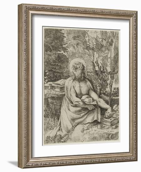 Saint Jerome in the Wilderness, C.1591 (Etching with Engraving on Laid Paper, Iii/Iv)-Annibale Carracci-Framed Giclee Print