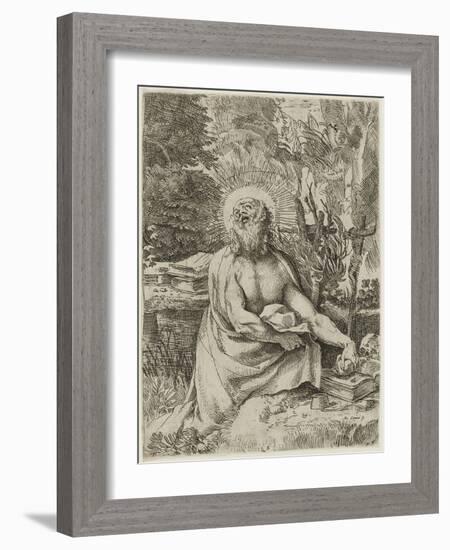 Saint Jerome in the Wilderness, C.1591 (Etching with Engraving on Laid Paper, Iii/Iv)-Annibale Carracci-Framed Giclee Print