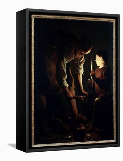 Saint Joseph Carpenter Jesus Child Holds a Candle to Light His Father Joseph at Work. Painting by G-Georges De La Tour-Framed Premier Image Canvas