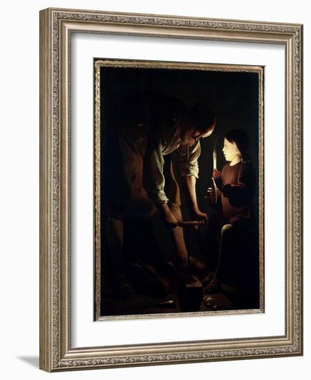 Saint Joseph Carpenter Jesus Child Holds a Candle to Light His Father Joseph at Work. Painting by G-Georges De La Tour-Framed Giclee Print
