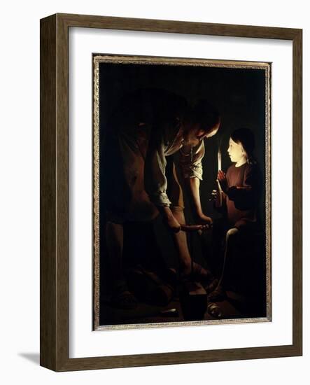 Saint Joseph Carpenter Jesus Child Holds a Candle to Light His Father Joseph at Work. Painting by G-Georges De La Tour-Framed Giclee Print