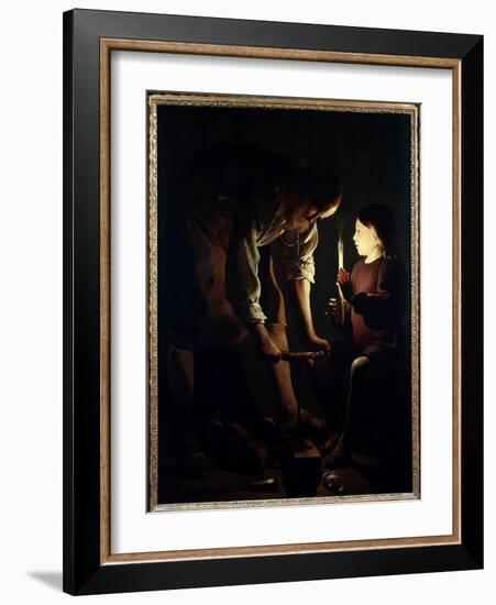 Saint Joseph Carpenter Jesus Child Holds a Candle to Light His Father Joseph at Work. Painting by G-Georges De La Tour-Framed Giclee Print