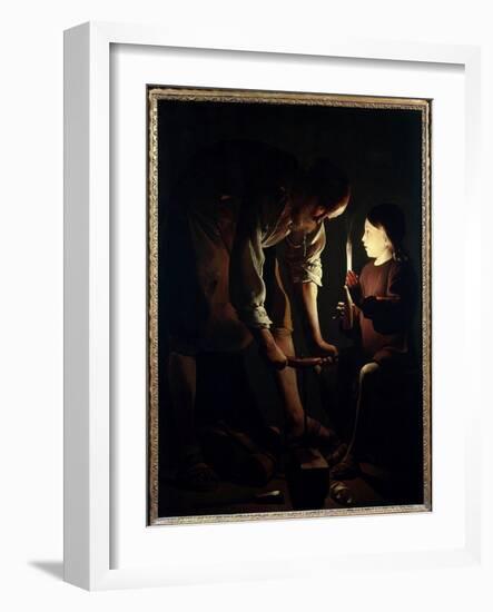 Saint Joseph Carpenter Jesus Child Holds a Candle to Light His Father Joseph at Work. Painting by G-Georges De La Tour-Framed Giclee Print