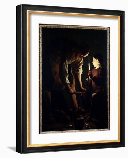 Saint Joseph Carpenter Jesus Child Holds a Candle to Light His Father Joseph at Work. Painting by G-Georges De La Tour-Framed Giclee Print