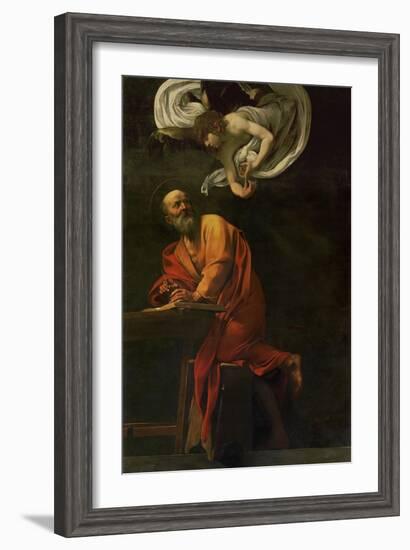 Saint Matthew Writing, Inspired by an Angel, 1600-1602-Caravaggio-Framed Giclee Print