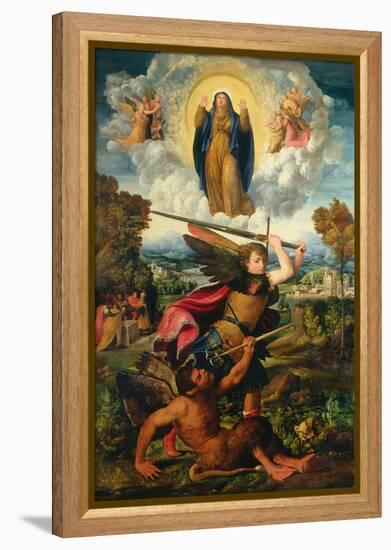 Saint Michael with the Devil and Our Lady of the Assumption Between Angels-Dosso Dossi-Framed Premier Image Canvas