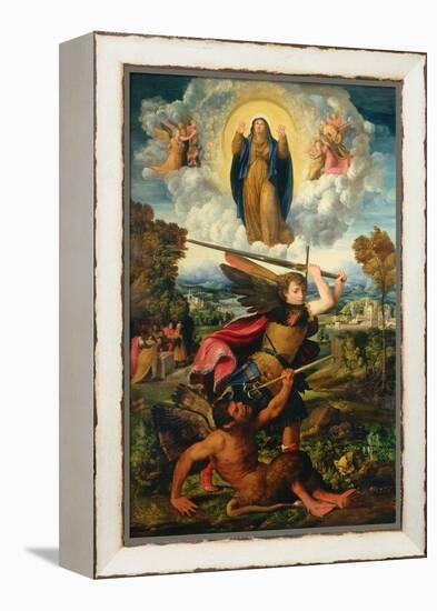 Saint Michael with the Devil and Our Lady of the Assumption Between Angels-Dosso Dossi-Framed Premier Image Canvas
