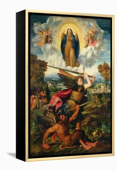 Saint Michael with the Devil and Our Lady of the Assumption Between Angels-Dosso Dossi-Framed Premier Image Canvas