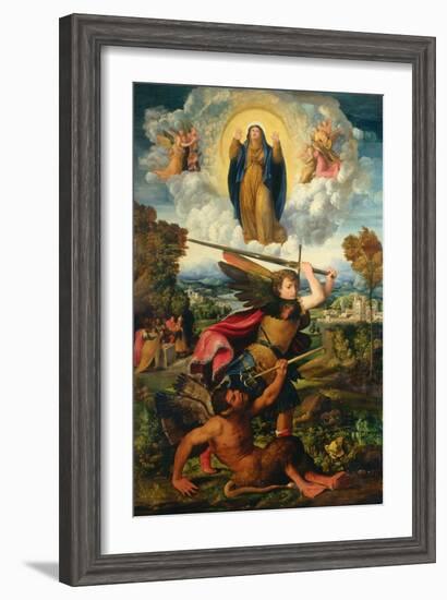 Saint Michael with the Devil and Our Lady of the Assumption Between Angels-Dosso Dossi-Framed Giclee Print