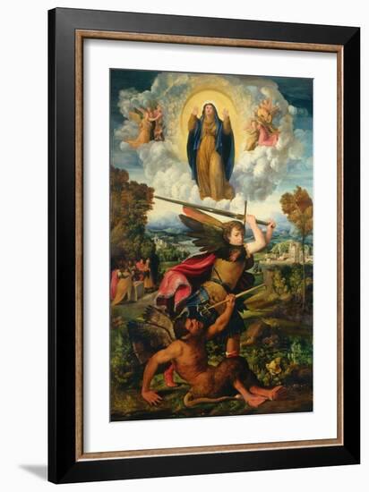 Saint Michael with the Devil and Our Lady of the Assumption Between Angels-Dosso Dossi-Framed Giclee Print